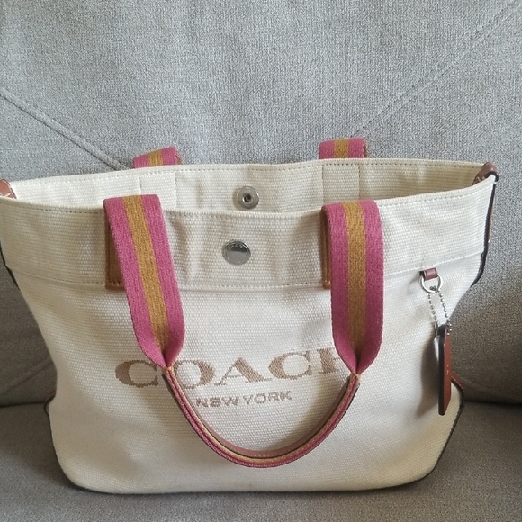 Coach Handbags - Coach Beige Tote with Pink and Yellow Straps